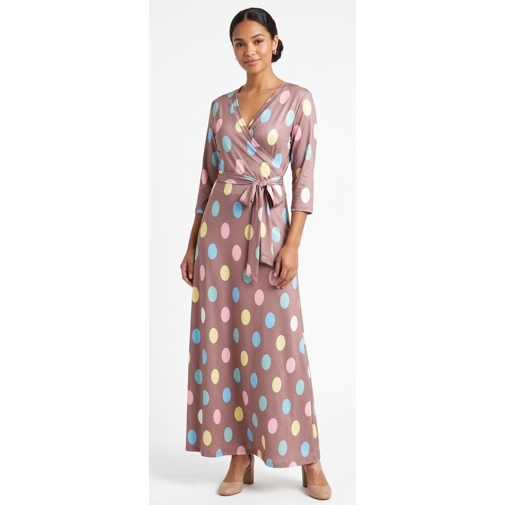 Women's Elegant Polka Dot Faux Wrap Maxi Dress Belt XL (12/14)